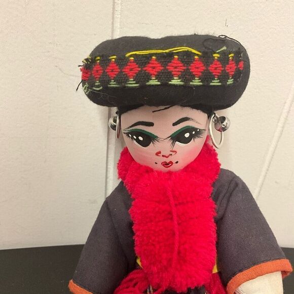 Vintage Handmade 10” Ethnic Craf Doll In Head Dress Hoop Earrings Red Scarf - Picture 2 of 7